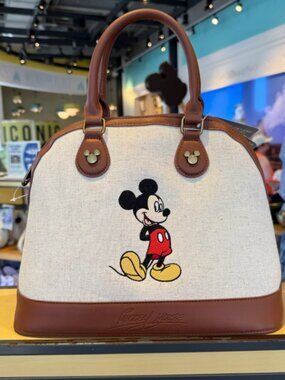 Disney Mickey Mouse Embroidered Satchel Crossbody Bag Canvas Texture Brown Beige